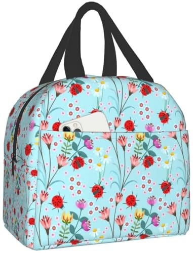 TFDGDGH Lady Bug with Flower Lunch Box Bento Box Insulated Lunch Boxes Reusable Waterproof Lunch Bag with Front Pocket for Office Picnic