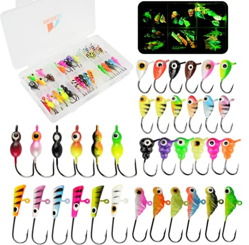 MUUNN Ice Fishing Jigs Kit, 36pcs Micro Jig Heads Lures Hook Set for Winter Ice Jigging, Panfish, Perch, Trout, Bluegill, Walleye, Crappie Ice Fishing Lures Hooks Set with Storage Box