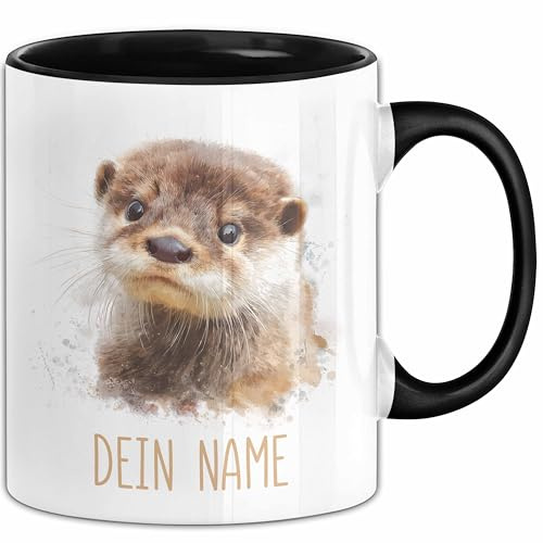 Otter Tasse mit Namen – Personalisierte Kaffeebecher Geschenkidee Tiermotiv Lustiger Becher mit Namen (Schwarz)