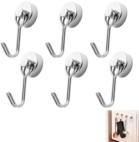 6 Pcs Magnetic Hooks, Swivel Swing Neodymium Magnet Hooks with 180°,15.43LBS/7KG Neodymium Strong Magnetic Hook for Kitchen, Garage, Office, Fridge, Wall, Key, Bag, Tool Holder, No Drilling (Silver)