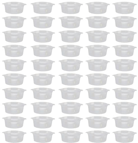 AEUXZA 50 Pezzi Contenitori per Salse con Tappo 50ml, Vaschette Plastica Monouso Ermetiche per Condimenti e Campioni, Microonde e Senza BPA, Trasparente