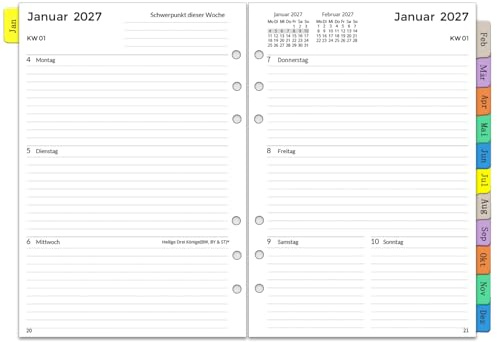 2027 Wochenplaner Einlage A5 6 Löcher (Deutsch), Kalender Einlagen 1 Woche auf 2 Seiten mit Tabs, Passwort, Notizen & Kontakt, Kalendereinlagen Jan–Dez 2027, Nachfüllpapier für A5 Ringbuch Organizer
