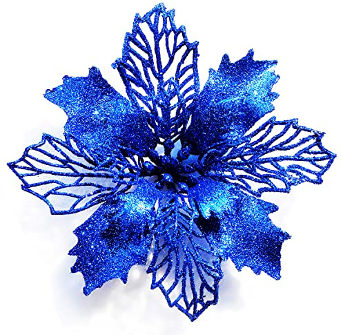 GL-Turelifes 12 Stück 16,3 cm Glitzer-Weihnachtsblumen, blauer Weihnachtsstern, künstliche Blumen, Weihnachtsbaum, Blumenkranz, Baumschmuck mit 12 grünen Blumenstielen