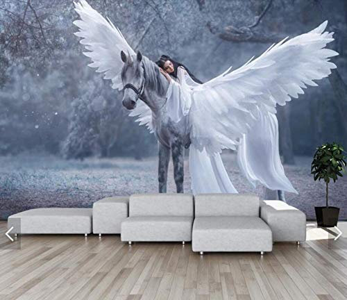 papier peint panoramique 3d tapisserie photo murales papier peint intissé poster geant décor mural moderne Trompe Loeil 300x210cm Ange forêt fille cheval