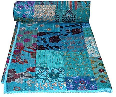 Colcha india de patchwork vintage vintage con bordado Kantha para el hogar, decoración de kantha, colcha kantha, colcha kantha, colcha india con 2 fundas de almohadas