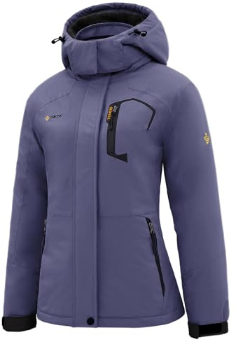 GEMYSE Chaqueta de Esquí para Mujer Abrigo de Invierno con Capucha Impermeable de Montaña de Nieve Antiviento con Forro Polar(Púrpura Gris,M)