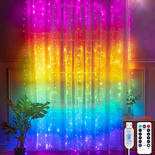 Yizhet LED Lichtervorhang 3x3m, 300 LEDs, 7 Farben | LED Lichterkette Vorhang, 8 Modi, IP65 Wasserdicht, Deko für Wohnzimmer, Hochzeit, Party, Weihnachten