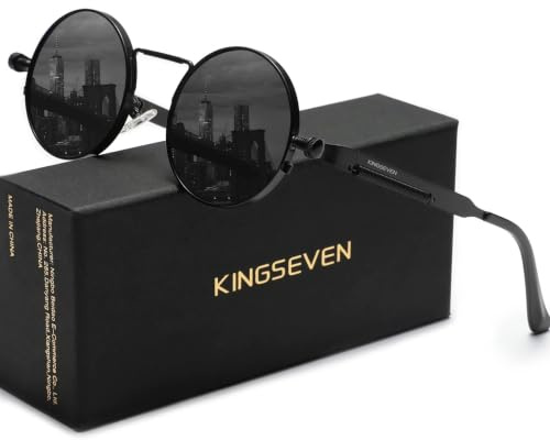 Kingseven Occhiali da Sole Rotondi Polarizzati Stile Retrò per Uomo e Donna | Montatura in Metallo Stile Steampunk | Look Vintage Nero