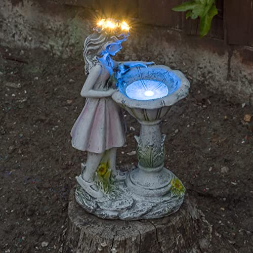 GloBrite Outdoor Solar Powered Fairy Statue with Well Decor - Garden Resin Ornaments, Angel Figurine Bird Bath Stone Effect Lighting Accessories and Memorial Gifts