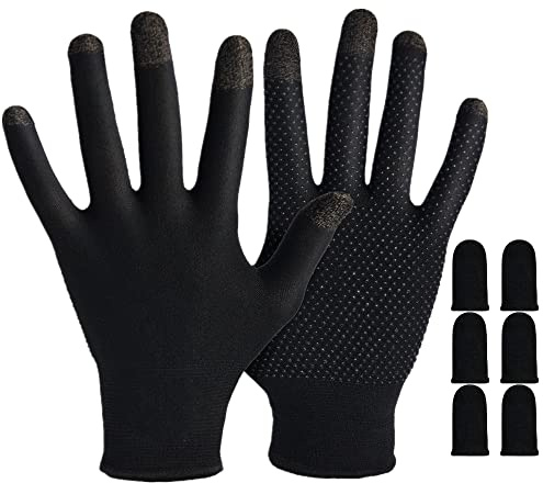 Gaming Gloves for Sweaty Hands - Rakizbe High-Sensitive Anti-Sweat Breathable Seamless Touch Screen Gloves with Thumb Finger Sleeves for iPad/Mobile Game Controller