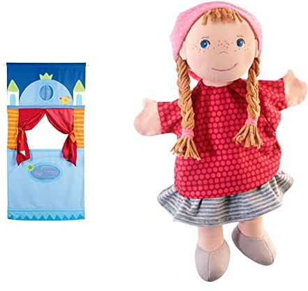 HABA HA-1055 7281 Türtheater, hübsches Zubehör fürs Kasperle-und Puppentheater, schnell und leicht im Türrahmen zu fixieren & 306245 - Handpuppe Gretelchen, Handpuppe ab 1,5 Jahren