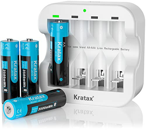 Kratax Wiederaufladbare 1,5V AA Akku Lithium, 3500mWh mit 1600 Zyklen, 1,5 Volt Konstante Ausgabe, 4 Stück Lithium AA Akku mit Typ-C Ladegerät, 2-Stunden Schnellladung