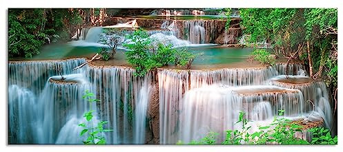 Pixxprint Glasbild Panorama, Wandbild aus Echtglas, Türkise Wasserfälle in Thailand, 100x40 cm, inkl. Aufhängung und Abstandshalter