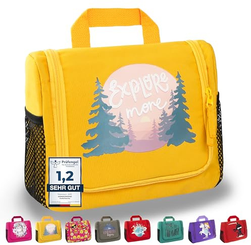 GRINSEZWERGE Kulturtasche für Kinder und Erwachsene - 12 Motive | Reise Kulturbeutel für Damen und Herren | Kosmetiktasche zum Aufhängen | Waschbeutel Waschtasche Reisetasche für Jungen und Mädchen