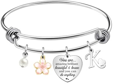 Aeora Inspirtional Bracelet Gift,Funny 26 Letter Initial A-Z Silver Heart Dangle Bangle For Women Lady Daughter Mom Sisters Friends Colleague Birthday Christmas Reminder Jewelry (K)