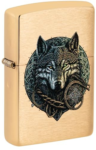 Zippo Briquet tempête Wolf Warrior, Guerrier Loup, Laiton brossé, Image Couleur, Rechargeable, réutilisable, Design Coupe-Vent, boîte Cadeau, fabriqué aux États-Unis
