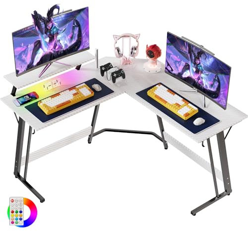 Devoko Gaming Eckschreibtisch 130×130cm, Schreibtisch L Form mit LED RGB-Beleuchtung, Monitorständer, und Kopfhörerhaken, Gaming Tisch L Shaped Desk Carbon Weiß