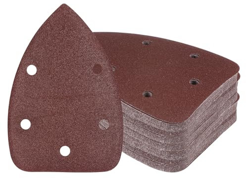 Kozelo 60pz Carta Vetrata Levigatrice a Triangolo Mouse - [Grana 120 3,5 x 5,5] Fogli di Carta Vetrata a Gancio e Ring Assortiti per Uso Lucidatura Mobili Legno 5 Fori Ossido Alluminio