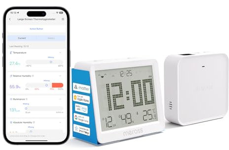 Meross Igrometro Termometro WiFi, Termometro Ambiente Interno WiFi con Ampio Display, Notifica Remota, Compatibile con Matter, Apple HomeKit, Alexa e Google Home (Con Hub)