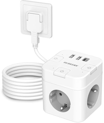 6 in 1 Steckdosenwürfel USB C mit 4m Kabel, Weiß | 3 Fach Steckdose Steckerleiste Flachstecker mit Einzeln Schaltbar, Mehrfachstecker Würfel mit für Büro Hause Reisen