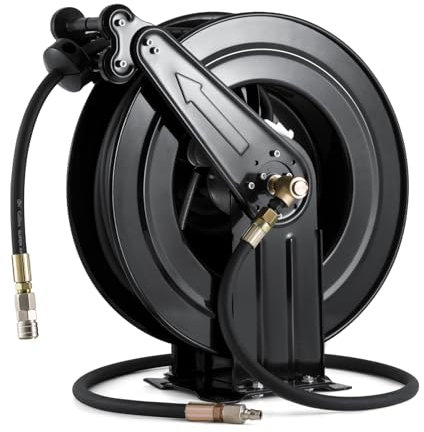Double Arm Air Hose Reel Retractable, 3/8 x 65' Hybrid Hose Heavy Duty Steel Air Compressor Hose Reel Wall Mount with 5 ft Lead in, 300PSI, Brass Fittings, Auto Rewind (3/8 65FT)