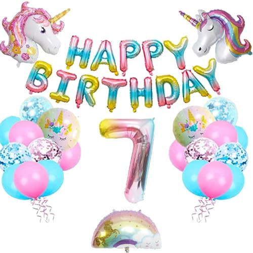 LXONTSG Einhorn 7 Geburtstag Deko: 25 Ballons, Metallischer Glanz, Einhorn Ballon, 17 cm x 24 cm, für Mädchen und Kinder
