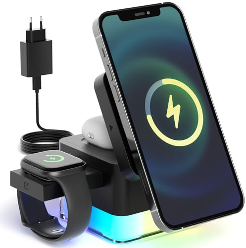 Chargeur Induction 4 en 1, 15W Chargeur sans Fil avec Aspiration Magnétique, 2 Lumière, Station de Recharge Pliable pour iPhone 16 15 14 13 12 Pro Max Pluss, Accessoire Bureau, 10 * 2.8 * 6.8cm