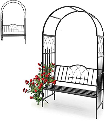 TONZN Arche de Jardin avec Banc, 114 x 219 cm, pergola en métal pour fêtes sur la pelouse, Fleurs, vignes, décorations extérieures et intérieures, Facile à Assembler