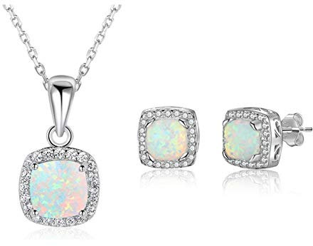 Accessories 925 Sterling Silber Opal-Schmucksets für n Quadratische weiße Opal-Halskette, Ohrringe, Hochzeit, Brautschmuck-Sets