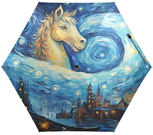 NYYYTTTEU Cooles Kunstwerk Blaues Pferd Reise Regenschirm,Klein Leicht Kompakt UV-Schutz,Sonnenschutz Regenschirme für Mädchen