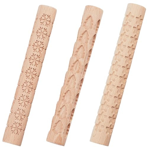 CREATCABIN Set 3 Kit Rulli Modellare L'Argilla Stile Natalizio Albero Natale Fiocco Neve Stella Mattarello Argilla Rullo Manuale Strutturato Manico in Legno Strumenti Ceramica Fai Te 15x2x2cm