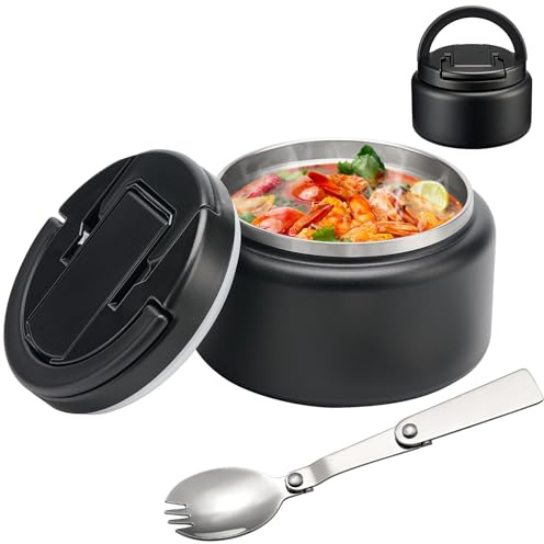 BABHAMNESS 13.5oz Soup Thermo for Hot Food Kids Insulated Vacuum Food Jar with Buckle Lid,Wide Mouth Leakproof Stainless Steel Lunch Container with Spoon-Black