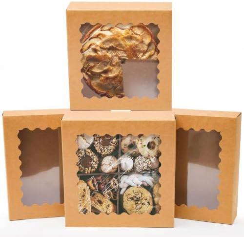 Gcardist Auto-pop Up Brown 25.4x25.4x6.4cm 12Pcs Cookie Box with Window Pastry Macaron Bakery Box For Packaging (10x10x2.5 inch)