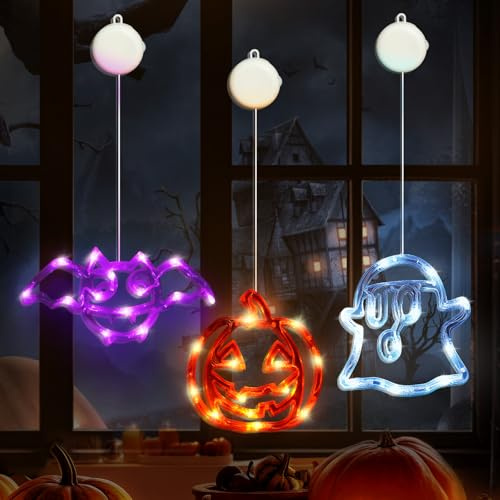 BrightArk Decorazioni di Halloween Luci per Finestre con Ventose, 3 pezzi con Zucca, Pipistrello e Fantasma, per Decorazioni di Halloween per Finestre