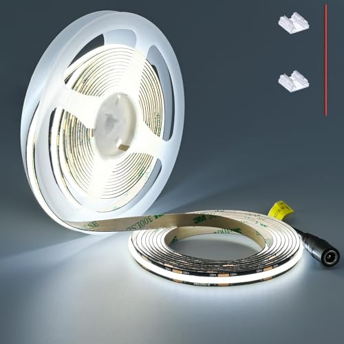 TOPAI LED-tejp COB 12 V, kall vit, 6 000K, PCB svart, 5 meter 480 LED/M, 4 000 Lm CRI>90, självhäftande, flexibel och kan skäras till i storlek, för kök, skåpbelysning, vardagsrum, inomhus