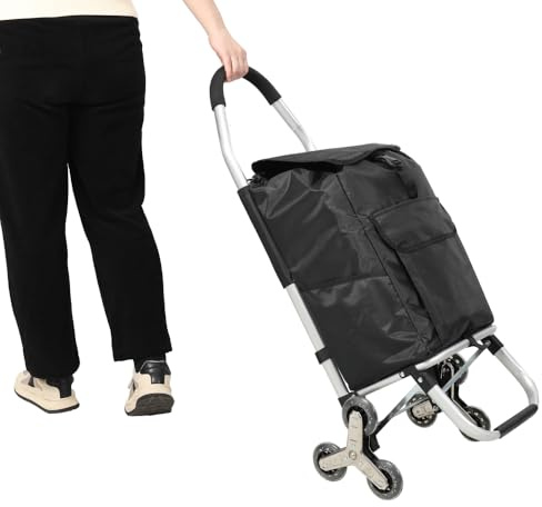 Aluminum Stair Climbing Cart Foldable 40L Detachable Bag Heavy Duty Stainless Steel Wheels Grocery Shopping Laundry Transport Apartment Outdoor Collapsible Space Saving Utility Cart (Black)