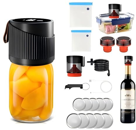 Kit de sellado al vacío eléctrico de tarros Mason, máquina selladora al vacío, sellador eléctrico 4 en 1 para tarros Mason, botellas de vino y recipientes (negro)