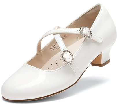 DREAM PAIRS Girls Dress Shoes Mary Jane High Heel Round Toe Straps Pumps Flower Wedding Party Princess Flats for Little/Big Kids,Size 13 Little Kid,White,KKUMFA2510
