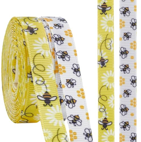 CABODYALS 2 Rolls 9.14M Yellow White Bumble Bee Printed Ribbon Floral Pattern Grosgrain Trim Decorative Spring Summer Theme Thin Fabric for Sewing Making Party Decor Bows Gift Wrapping Diy Crafts