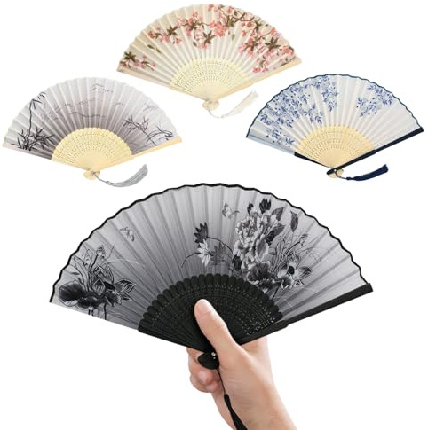 Set 4 Ventagli Carta Pieghevoli Cinesi | Ventagli in Carta Nero, Grigio, Blu e Rosa con Manico Legno, Nappe & Effetto Seta | Ideale per Decorazione e Rinfresco