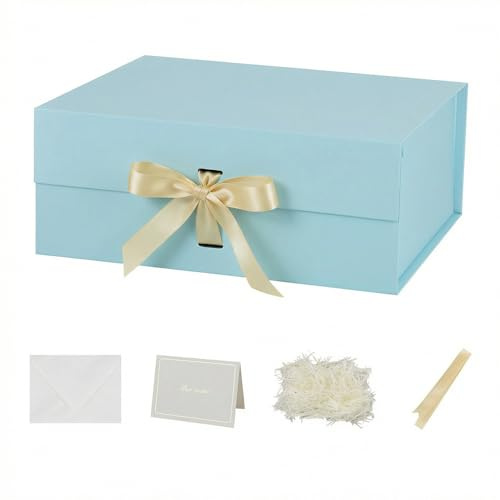 Blau Magnetische Geschenkbox mit Deckel groß 32x28x13.5cm mit Geschenkbeutel, Schleife, Raffia & Grußkarte