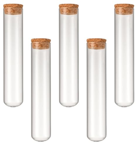 KEWUF 5 Pcs Tubos de Ensayo Plastico Transparente, Probetas Plastico, Tubo Ensayo con Tapones de Corcho para Laboratorio Flores Regalos Dulces, 30 * 150mm(80ml)