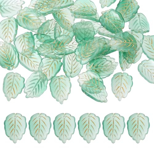 PATIKIL Glass Leaf Beads, 50Pcs Cute Crystal Lamp Work Leaf Charms, Translucent Czech Spacer Beads for DIY Jewelry Making Bracelets Necklace Wind Chimes Suncatchers, Green/Golden