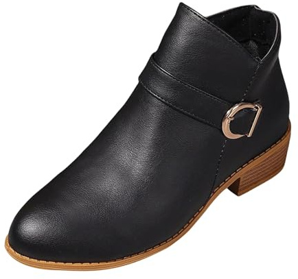 Bottines Chelsea élégantes pour femme avec talon - Bottes en cuir marron mi-hautes avec boucles - Fermeture éclair latérale - Bottes de campagne vintage - Tige courte - Bottes de transition, Noir , 38