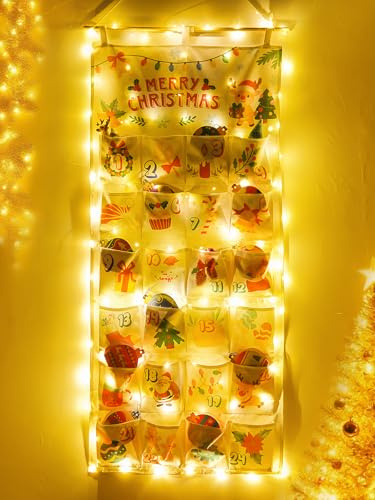 Dreamtop Adventskalender zum Aufhängen Stoff - Adventskalender 2025 als Wandkalender aus Stoff Kinder mit 24 Groß Stoffbeutel mit 5 Meter 30 LED Lichterkette Weihnachtsdeko Party Favors