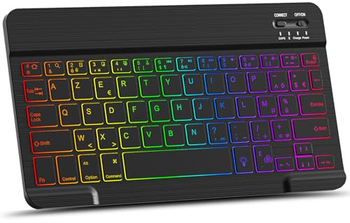 MMK Clavier Bluetooth, Layout AZERTY, Touches Silencieuses, Mini Clavier sans Fil Rétroéclairé Rechargeable pour iPad 10e Génération/iPad Pro/Air/Mini/10.2/9.7, iPhone, Android, Windows (Noir)