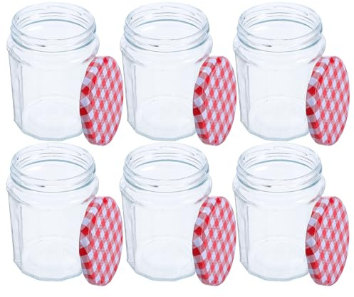 SHINEOFI Juego de 6 Frascos Hexagonales de Vidrio Herméticos para Conservas y Especias con Tapa de Vidrio Capacidad 380 Ml Adecuado para Mermelada Miel y Almacenamiento de Alimentos en