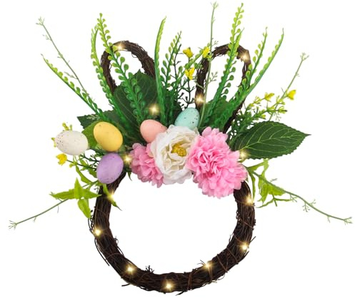 GZGXKJ Corona para Puerta de Pascua, Exterior, Forma de Conejo, Corona de Pascua, con luz LED, decoración de Pascua, Corona de Pascua con Flores y Huevos, para decoración de Primavera y Pascua