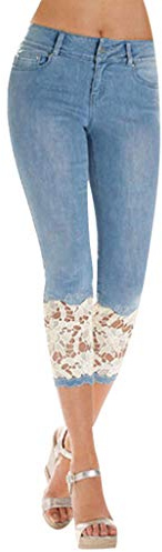 Arestory Denim Lace Cropped Trousers for Women UK, Jeans Summer Stretchy Capri Pants Ladies Casual 3/4 Trouser Comfortable Elastic Cropped Pants Workout Bottoms with Pockets