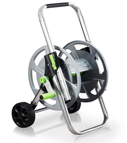 YESTAR Carro de manguera de metal – Carro de manguera móvil para manguera de 60 m (1/2 pulgadas), con ruedas, pasamanos ajustable y marco de metal resistente, jardín, ahorra espacio y se puede quitar
